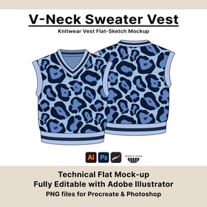 Sweater Vest Vector Mockup, Fashion Design, Simple Tech Pack Template, Fully Editable with Illustrator, PNGs for Procreate and Photoshop,