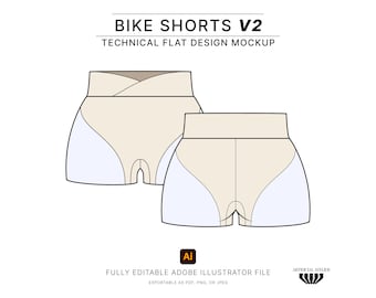 Biker Shorts Vector Mockup, Fashion Flats for Athletic-wear, Technical Drawing for Spandex Shorts, Tech Pack Template