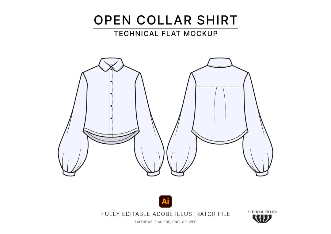 Opencollar Shirt Vector Mockup, Tech Pack Template, Readytouse