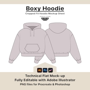 Boxy Hoodie Vector Mockup, Streetwear Sweatshirt Concept Sheet, for Fashion Designers, Technical Mockup, Adobe Illustrator