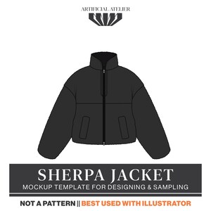 Peut inclure: Maquette d'une veste sherpa noire pour la conception et l'échantillonnage. La veste a un col montant, une fermeture éclair sur le devant et deux poches avant. Le texte "SHERPA JACKET" est affiché en dessous, avec "MOCKUP TEMPLATE FOR DESIGNING & SAMPLING".