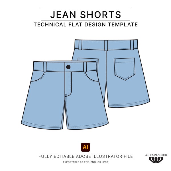 Jean Shorts Vector Mockup, Ready-to-use Jorts Technical Drawings, Streetwear Clothing Design, Simple Tech Pack Template