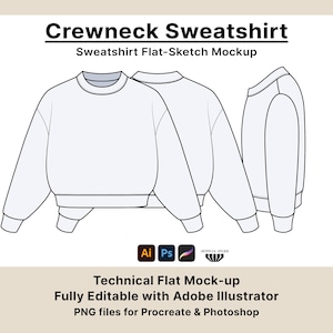 Crewneck Vector Mockup, Sweatshirt Fashion Flats for Designers, Customizable Sweater Tech Pack Template