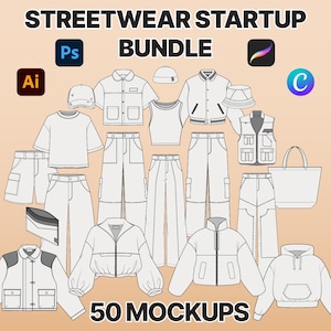 Streetwear Mockups Vector Bundle, Fashion Design Tech Pack Template, Vector Based and PNG Flats, Procreate, Illustrator, Canva, Photoshop