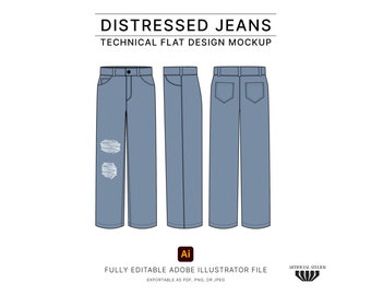 Distressed Jeans Vector Mockup, Fashion Flats for Denim Pants, Ready-to-Use Technical Drawing, Tech Pack Template