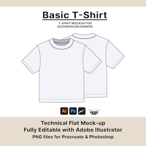 T-Shirt Mockup Template, Simple Tech Pack for Beginners, Fully Editable with Adobe Illustrator, PNGs for Photoshop & Procreate