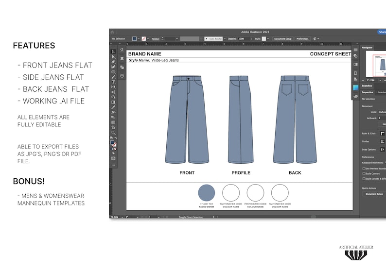 Wide-leg Jeans Vector Mockup, Flared Denim Pants Technical Drawings ...