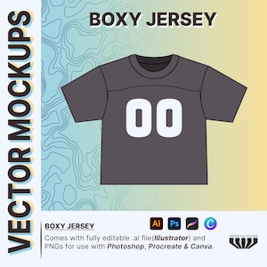 May include: A dark gray boxy jersey with a white number "00" on the front. The jersey is a vector graphic and can be edited in Adobe Illustrator, Photoshop, Procreate, and Canva.
