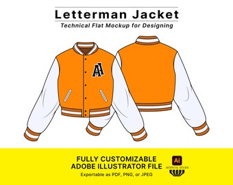 Letterman Jacket Vector Mockup, Customizable Illustrator File, Fashion Flatsketch for Designers, Simple Varsity Jacket Template