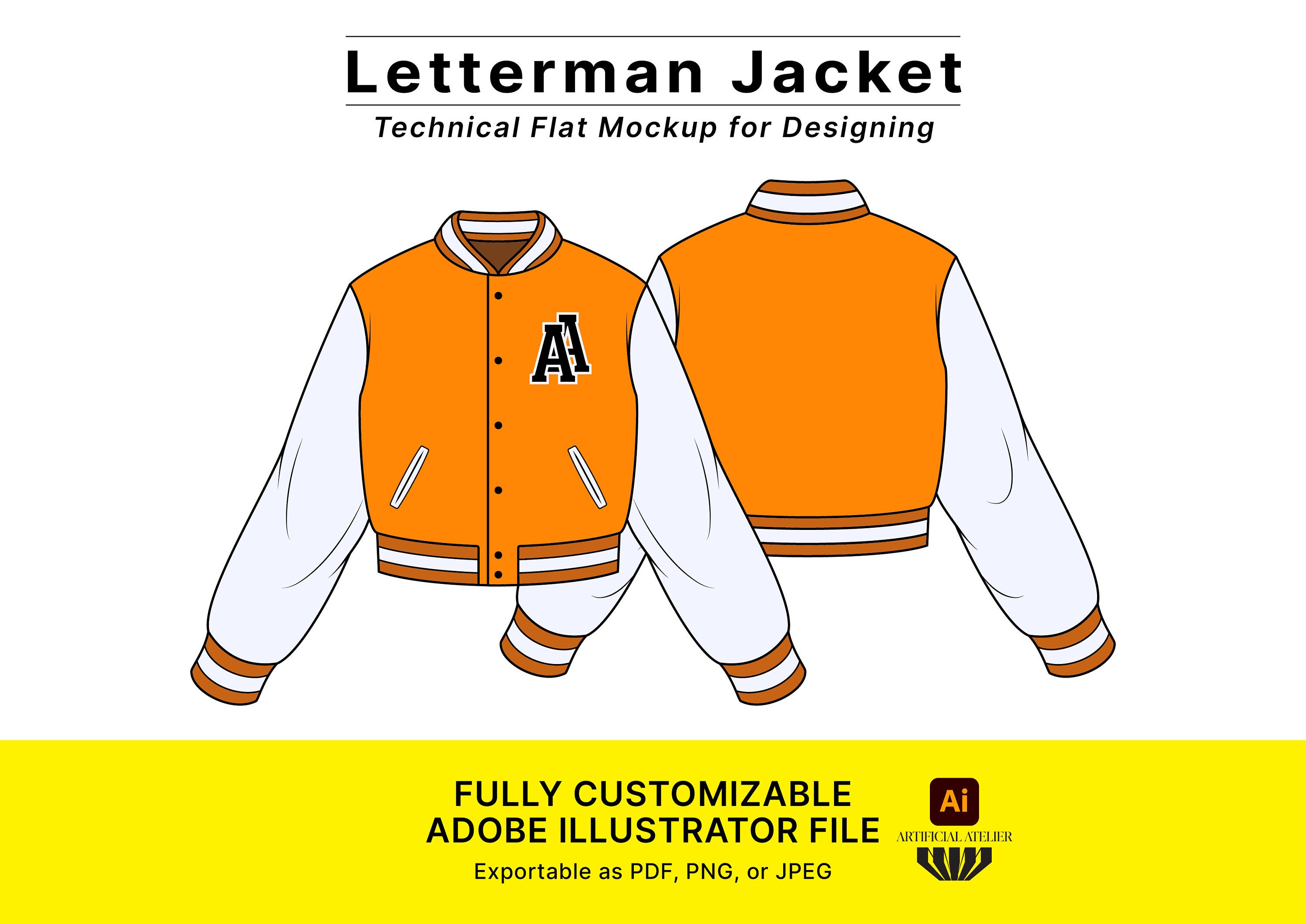 Letterman Jacket Vector Mockup, Customizable Illustrator File, Fashion Letterman Jacket Vector Mockup, Customizable Illustrator File, Fashion