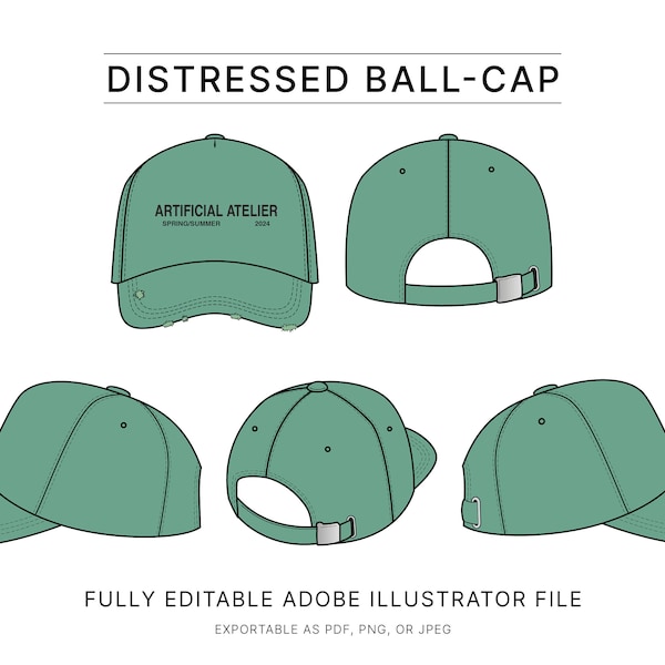 Distressed Hat Mockup Template, 5 Panel Ball-Cap Vector, Ready-to-use Fashion Flats, for Designers