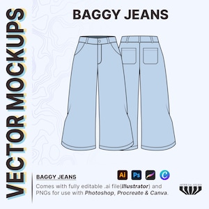 May include: A vector illustration of a pair of light blue baggy jeans. The jeans are shown from the front and back. The illustration is suitable for use in fashion design, pattern making, and other creative projects.