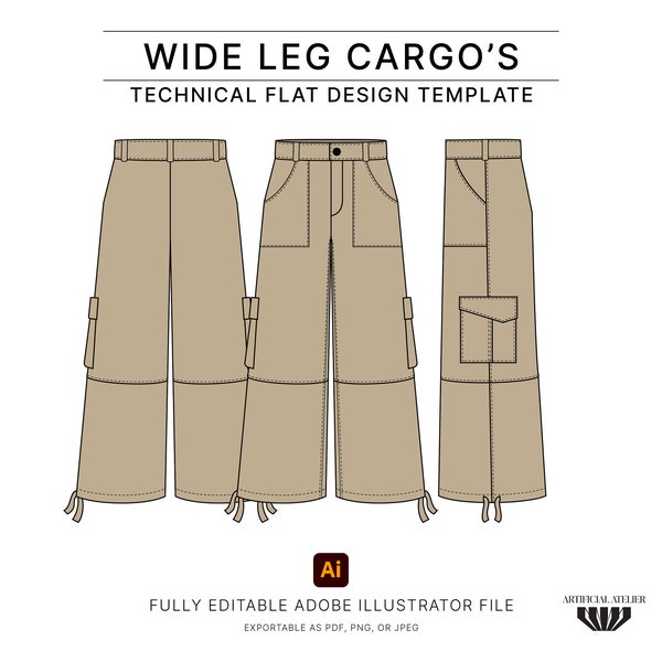 Wide Cargo Pants Vector Mockup, Flared Pants Flatsketch, Simple Tech Pack for Designing, Fully Editable with Adobe Illustrator