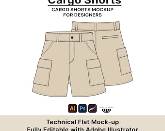 Cargo Shorts Vector Mockup, Streetwear Tech Pack-sjabloon, bewerkbaar met Adobe Illustrator, PNG's voor Photoshop en Procreate