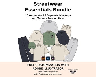 Streetwear Essentials Mockup Pack, Fashion Flatsketch-sjablonen voor ontwerpen, Kledingmerkstarter,