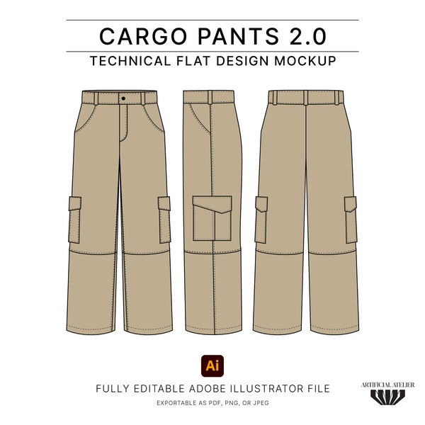 Cargo Pants Vector Mockup, Fashion Flats for Designers, Customizable Illustrator Template for Clothing Design, Tech Pack