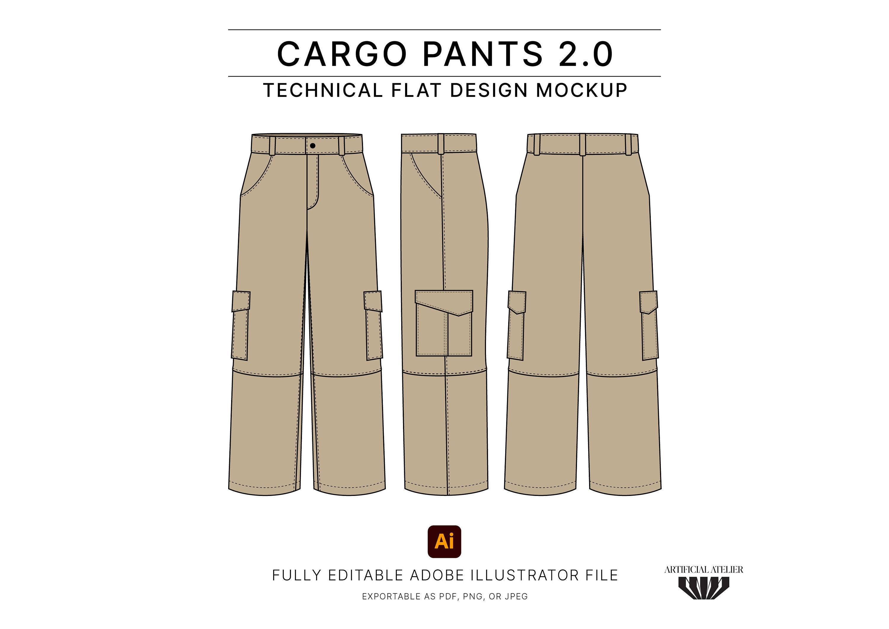 Cargo Pants Vector Mockup, Fashion Flats for Designers, Customizable Cargo Pants Vector Mockup, Fashion Flats for Designers, Customizable