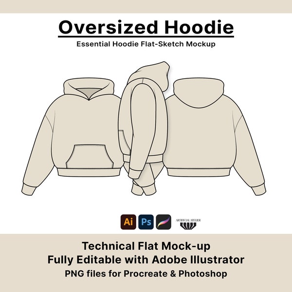 Oversized Hoodie Tech Mockup, Concept Sheet for Sweatshirt Design, Ready-to-use Vector Drawing Template, Fashion Flats, Streetwear Design