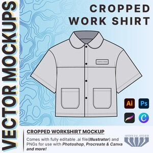 Cropped Workshirt Mockup - Simple Streetwear Tech Pack, Editable with Illustrator, Photoshop, Procreate - Fashion Design Tech Pack Template
