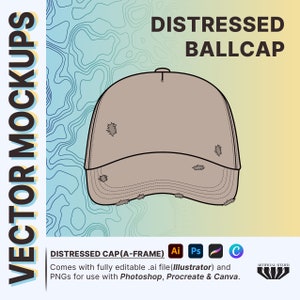 May include: A distressed brown baseball cap with a slightly curved brim. The cap has several small holes and frayed edges, giving it a worn and vintage look. The cap is a vector illustration and is fully editable.