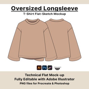 Mockup di maglietta a maniche lunghe oversize, modello di pacchetto tecnico vettoriale per la progettazione di abbigliamento, modificabile con Illustrator, Photoshop e Procreate