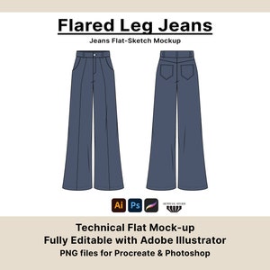 May include: A technical flat sketch mockup of flared leg jeans. The jeans are a dark blue color and are shown from the front and back. The mockup is fully editable with Adobe Illustrator and includes PNG files for Procreate and Photoshop.
