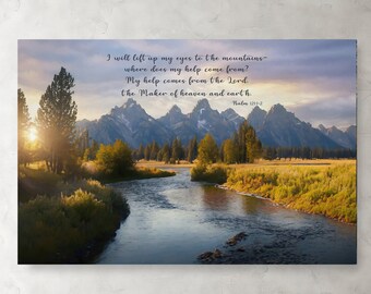 Psalm 121: 1-2 Rocky Mountain Fluss Sonnenuntergang Fine Art Large Digital Download druckbare Kunstwerk für Home Office Kirche personalisierte Bibelvers