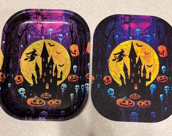 Bandeja para liar de 7 pulgadas con tapa magnética, diseño de casa embrujada de Halloween.