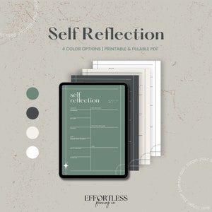 May include: A digital tablet displaying a printable self-reflection journal with a green background and white text. The journal includes sections for daily affirmations, goals, and gratitude. The text "Self Reflection" is displayed at the top of the image. Four color options are available for the journal.