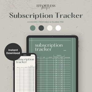 Może przedstawiać: Cyfrowy, drukowany tracker subskrypcji z zielonym tłem i białym tekstem. Tracker zawiera kolumny dla daty, rachunku, kwoty, częstotliwości i automatycznego odnawiania. Tekst "subscription tracker" znajduje się na górze strony.