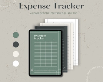 May include: Printable expense tracker in four colour options: green, grey, beige, and white. The tracker is displayed on a tablet screen with the text "expense tracker" and "EFFORTLESS planning co." The background is a textured beige surface.