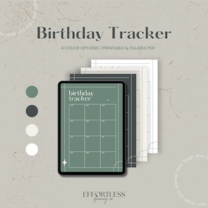 Op de afbeelding: Een digitale tablet die een printbare verjaardagstracker met vier kleur opties weergeeft. De tracker is een maandelijkse kalender met een groene achtergrond en witte rasterlijnen. De tekst "birthday tracker" staat bovenaan de kalender. De tekst "EFFORTLESS planning co." staat onderaan de kalender.