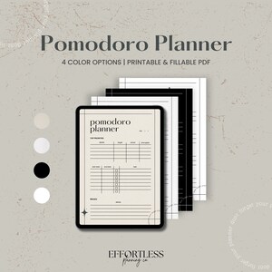 Puede incluir: Una plantilla de planificador digital para la técnica de gestión del tiempo Pomodoro. La plantilla se muestra en la pantalla de una tableta e incluye secciones para las principales prioridades, las fechas de inicio y fin, las tareas y los descansos. El texto "Pomodoro Planner" se muestra en la parte superior de la plantilla. La plantilla está disponible en cuatro opciones de color.