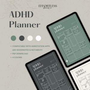 Puede incluir: Cuatro páginas de planificador digital para TDAH, cada una en un color diferente: verde, gris, blanco y crema. Las páginas del planificador presentan una variedad de secciones para la planificación, el establecimiento de objetivos y el seguimiento del progreso. El texto "Planificador TDAH" se muestra en cada página.