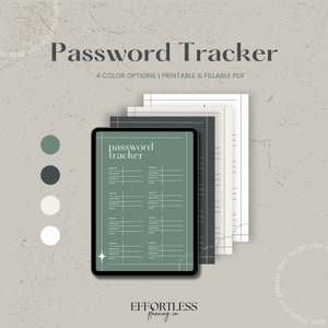 May include: A digital tablet displaying a printable password tracker with four color options. The tracker is on a green background with the text "password tracker" at the top. The tablet is on a gray background with a stack of papers behind it. The papers are in four different colors: green, black, white, and gray.