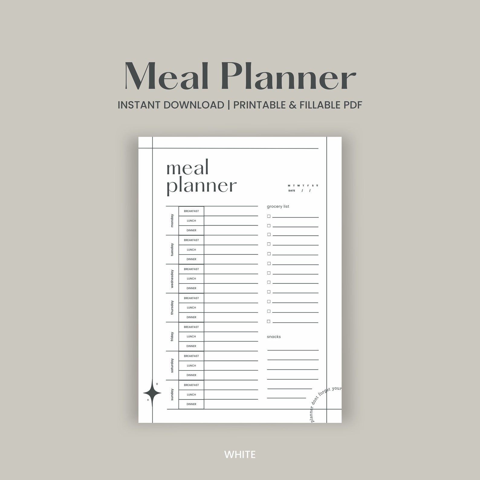 Weekly Meal Planner Printable, Daily Food Log, Digital Menu Plan ...