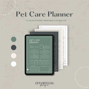 May include: A digital planner template for pet care, shown on a tablet screen. The planner includes sections for morning, evening, outdoor time, potty training, and more. The template is available in four colour options: green, black, white, and grey.