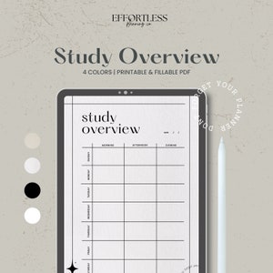 May include: A digital planner template on a tablet screen with the text "study overview" and a weekly schedule grid with columns for morning, afternoon, and evening. The tablet is on a light gray textured surface with a white stylus next to it. The text "Don't forget your planner" is written in a circle around the stylus.