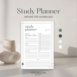 May include: A black and white printable study planner with sections for study hours, deadlines, study progress, goals, and notes. The planner has the text "study planner" at the top and "EFFORTLESS planning co." at the bottom.