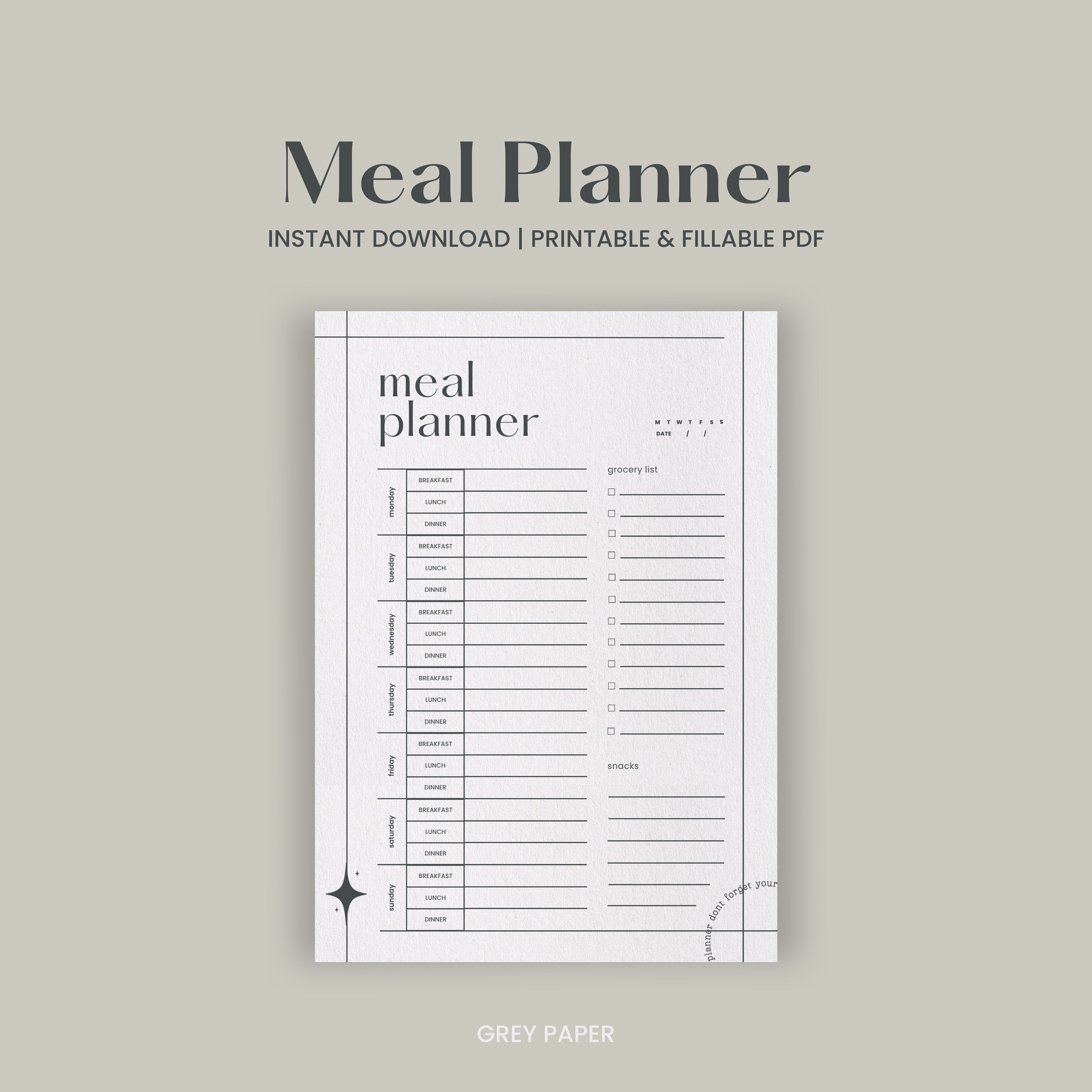 Weekly Meal Planner Printable Daily Food Log Digital Menu - Etsy