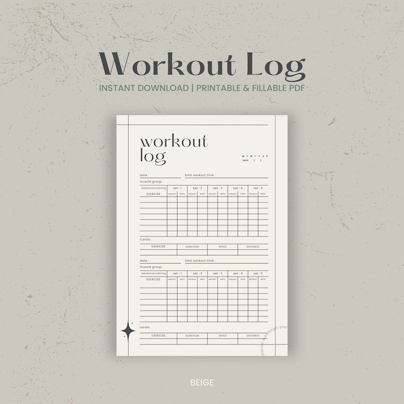 Puede incluir: Plantilla de registro de entrenamiento imprimible en beige con un dise&ntilde;o minimalista. El registro incluye secciones para la fecha, el grupo muscular, el ejercicio, las series, las repeticiones, la duraci&oacute;n, la velocidad y la distancia. El texto "Workout Log" est&aacute; en la parte superior de la p&aacute;gina.