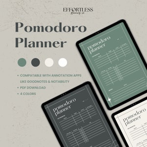 Op de afbeelding: Drie digitale planner-sjablonen voor een Pomodoro-timer. De sjablonen zijn in groen, grijs en wit. De tekst op de sjablonen luidt "Pomodoro Planner" en "Top Prioriteiten".