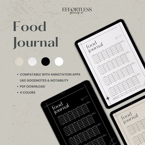 May include: Four digital planner templates for a food journal. The templates are in black, white, gray, and cream. The text on the templates reads "food journal".