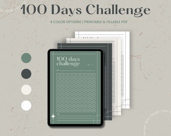 Minimalist White 100 Days Challenge Habit Checklist Planner | Printable | Digital Download