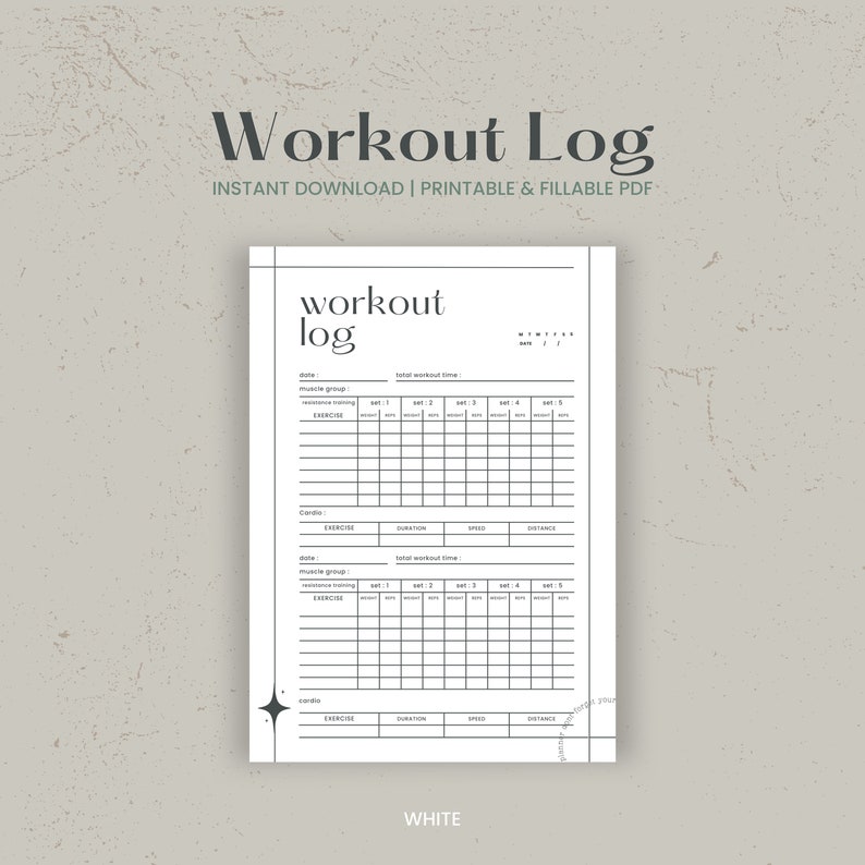 Puede incluir: Plantilla de registro de entrenamiento imprimible en blanco y negro. La plantilla incluye secciones para la fecha, el grupo muscular, el ejercicio, las series, las repeticiones, la duraci&oacute;n, la velocidad y la distancia. El texto "Workout Log" est&aacute; en la parte superior de la p&aacute;gina.