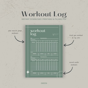 Puede incluir: Plantilla de registro de entrenamiento imprimible con fondo verde. La plantilla incluye secciones para planificar grupos musculares, realizar un seguimiento de los entrenamientos y registrar los entrenamientos cardiovasculares.