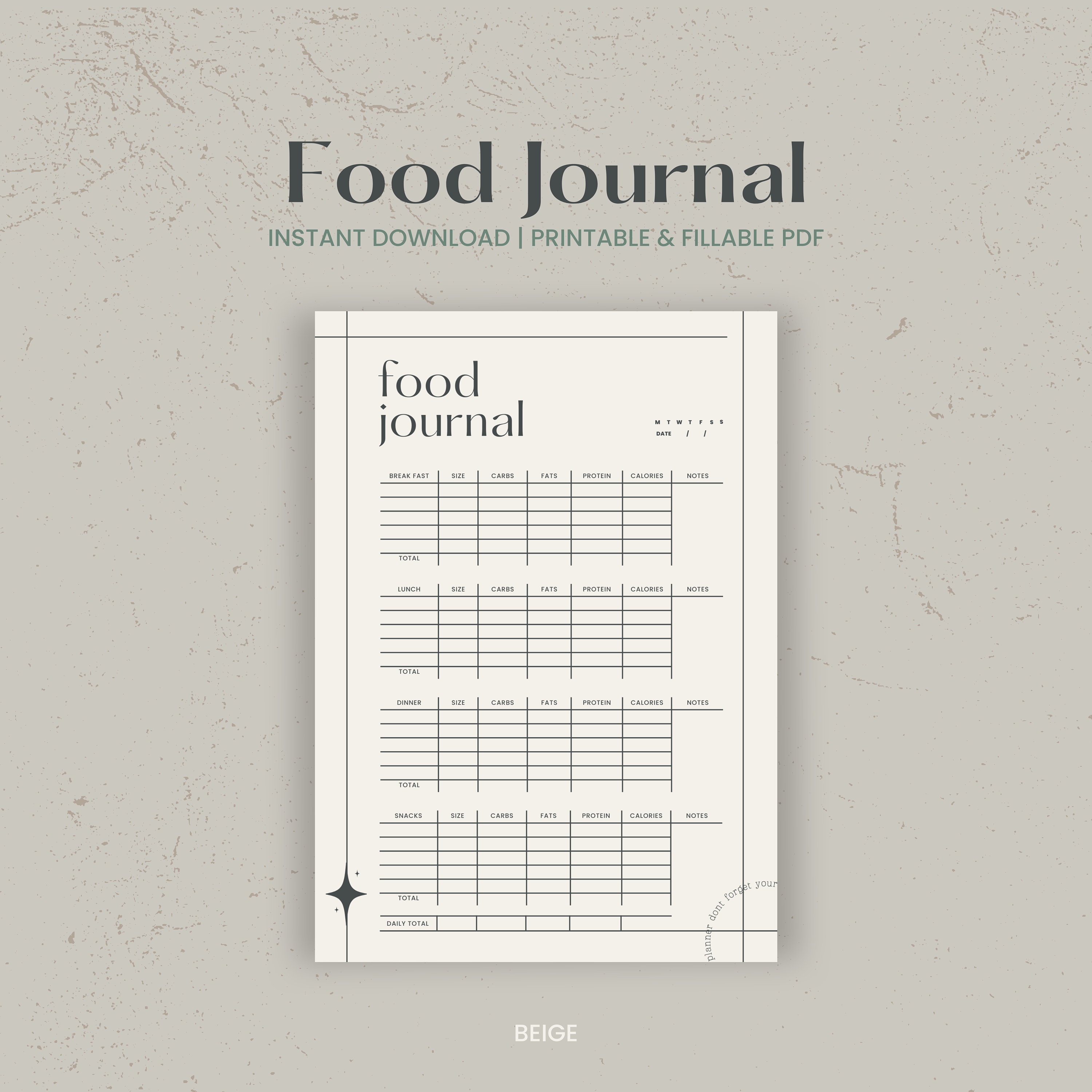 Daily Food Diary Journal, Fitness Digital Planner Template for Goodnotes on Ipad, Minimalist ...