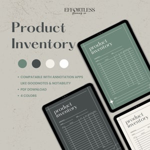 May include: Four digital planner templates for product inventory tracking. The templates are in four different colors: green, black, white, and cream. The text on the templates reads "product inventory".