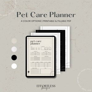 May include: Printable pet care planner with four colour options. The planner includes sections for daily routines, activity, sleep time, and notes. The planner is designed with a minimalist aesthetic and features a black and white colour scheme.