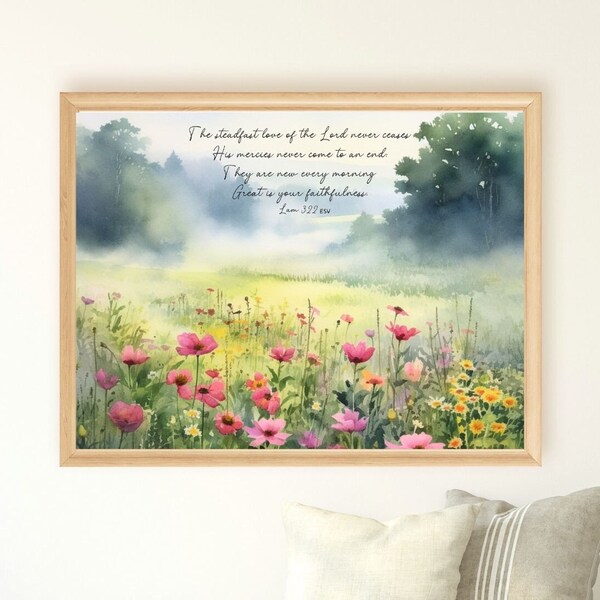 Art Print, The Steadfast Love of the Lord Never Ceases Print, Lamentations 3:22, Christian Wall Art, Landscape Watercolor Painting Scripture